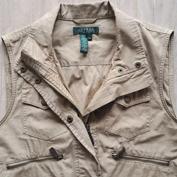 LAUREN Ralph Lauren Khaki Cargo Utility 7 Pockets Outdoor Zip Snap Cotton Vest - Picture 3 of 10